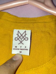 Yellow Kurta with Blue Geometric Print shout kurt