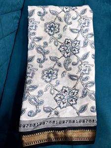 White & Blue Floral pen kalamkari saree✨