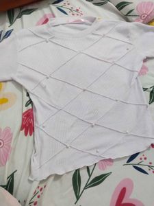 White Pearl Embellished T-Shirt