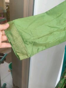 Green Embroidered Kurta with Pink Floral Print