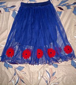 Blue Net Flowy Skirt | Floral Design