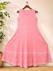 Baby Pink Linen anarkali dress with Tassel Detail