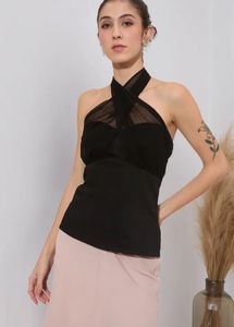 Black Solid Halter Neck Top