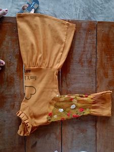 Mustard yellow girls frock top with floral net sle