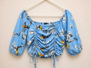 Blue Floral Print Ruched Crop Top