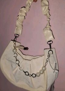 Chic White Ruched Hobo Bag with Pearl Detail