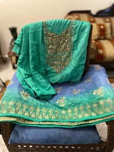 Beautiful Green & Blue unstich 3 peice Kurta Set