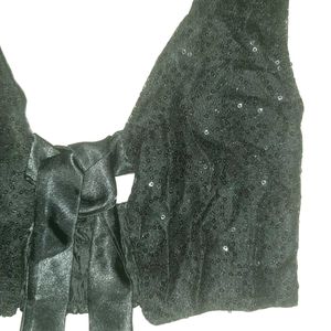 🖤 Handcrafted Black Sequin Halter Tie-Front Top