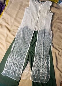 Elegant White Net Kurta with Green Palazzo