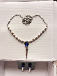 Anti-turnish Pearl Necklace &amp; Blue Stone Earrings