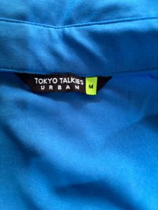 Blue Ruched Button-Up Shirt