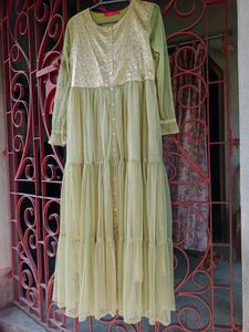 Olive Green Woven work Long Sleeves Gown