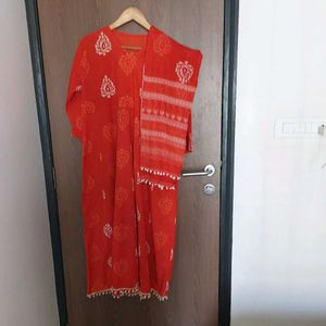 Orange Block Print Kurta Set with Dupatta