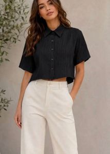 Textured Black Cropped Shirt