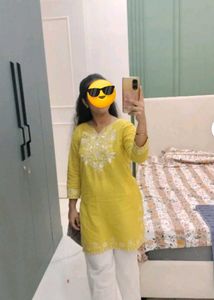 Embroidery Yellow Cotton Kurta Set with Palazzo Pa