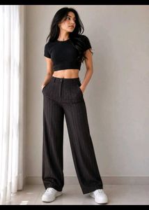 Brown High-Waist Wide-Leg Pinstripe Trousers