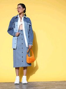 Sassafras Wash Denim Button-Front Midi Skirt