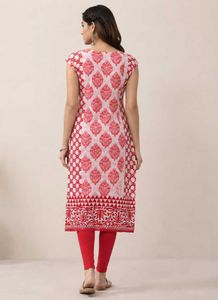 Pink Floral Kurta with Red Border and Leggings