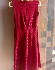 Deep Maroon A-Line Party Dress with Brooch Detail