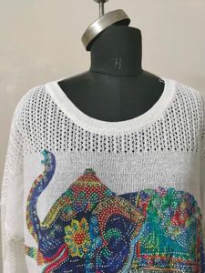 White Elephant Print Knit Top