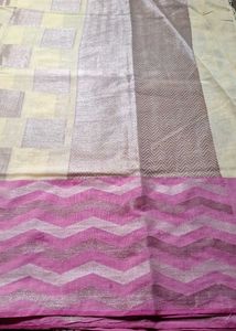Elegant Cream &amp; Pink Woven Silk Saree