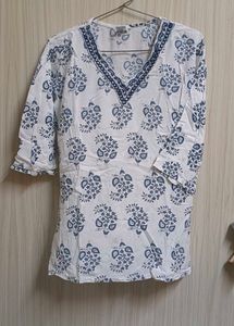 White & Blue Cotton Printed Kurta