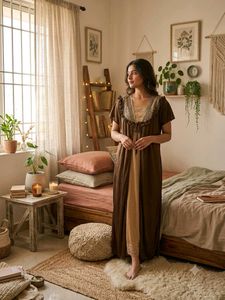 Cozy Brown & Cream Nightgown with Lace Trim