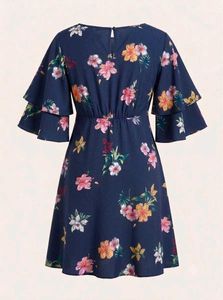 Navy Floral Ruffle Sleeve Dress