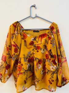 Yellow Floral Print Sheer Top