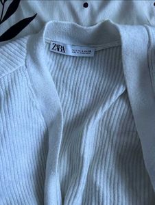 White Ribbed Cardigan with Balloon Sleeves
