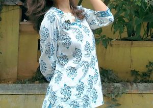 White & Blue Block Print Kurta