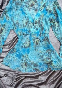 Blue Floral Sheer V-Neck Top
