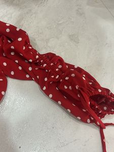 Red polka dot top with pull up sleeves