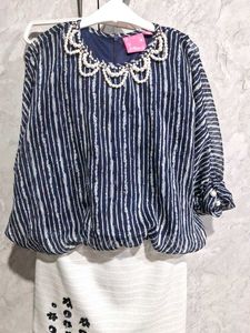 Chic Striped Kurta Set with Embellished Neckline