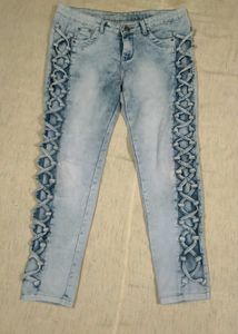 Light Blue Lace-Up Side Detail Straight Fit Jeans