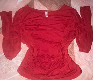 Chic Ruched Red Long Sleeve Top