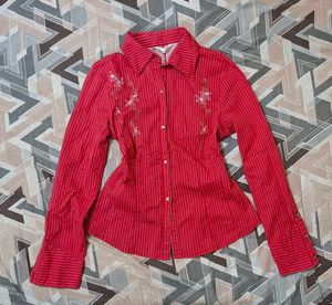 Red Striped Embroidered Button-Up Shirt