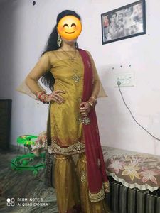 Gold &amp; Red Gharara Suit Set with heavy work