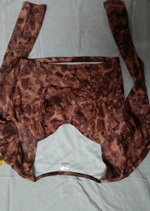 Brown Paisley Print Long Sleeve Crop Top