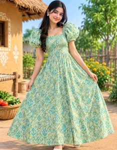 Boho Print Puff Sleeve Midi Dress