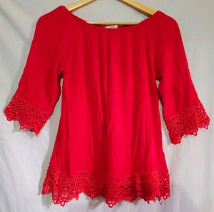 Red Off-Shoulder Top with Lace Trim