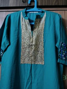 Teal Kurta with Sequined Yoke