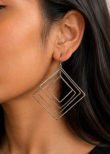 Silver Geometric Square Dangle Earrings