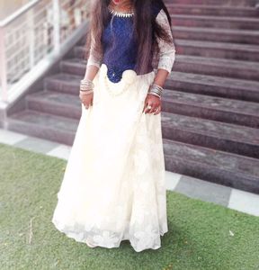 Elegant Cream &amp; Navy Blue Lehenga Choli Set
