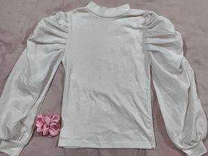 White Mock Neck Puff Sleeve Top