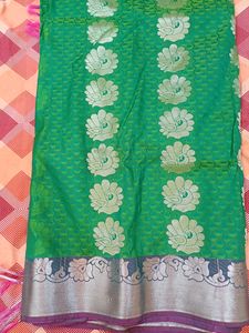 Green Silk Saree with Peacock Motif