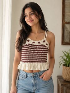 Crocheted Striped Ruffle Tank Top