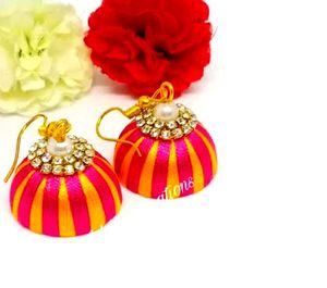Gold And Pink Silk Thread Earring