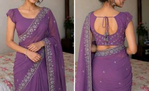 Purple Embroidered Saree with Blouse