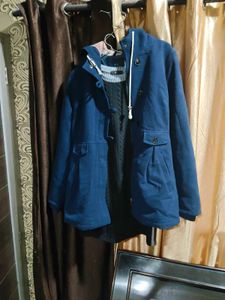 Blue Hooded Buttoned Coat winters and dress free